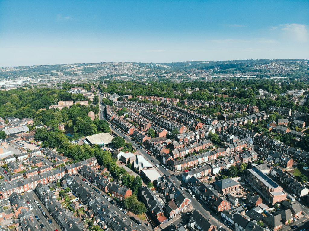 Aerial view of properties in the UK