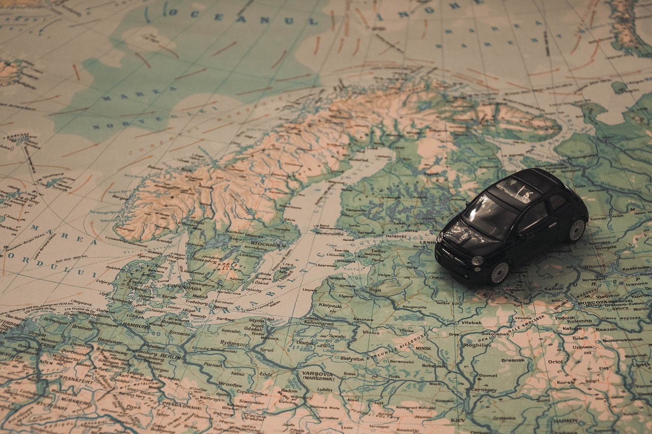 Toy car on a map of Europe